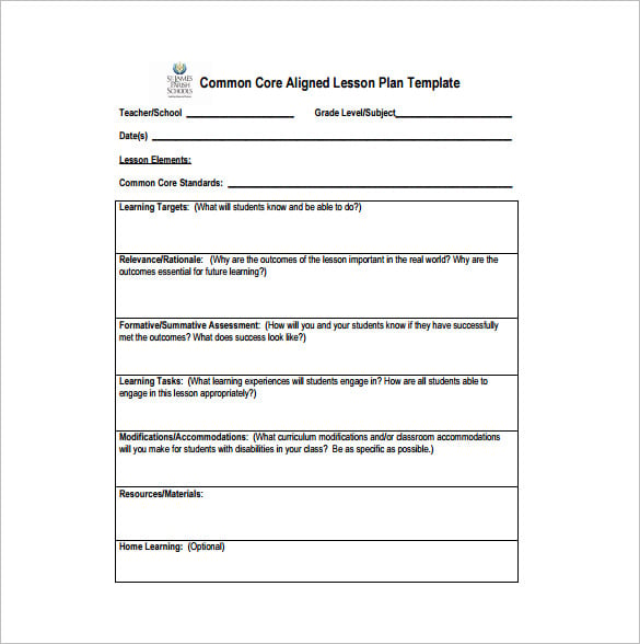 Common Core Lesson Plan Template 8 Free Word Excel PDF Format 