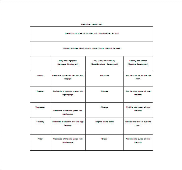pre toddler lesson plan free word template download