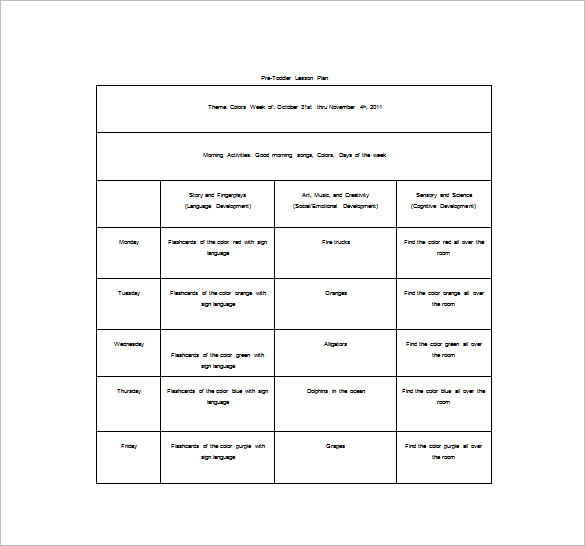 pre toddler lesson plan free word template download