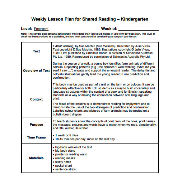 kindergarten weekly lesson plan free pdf download