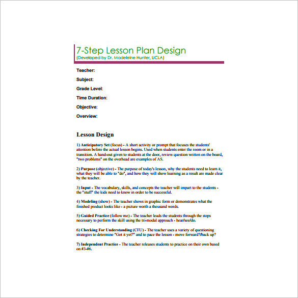 6 Madeline Hunter Lesson Plan Templates DOC Excel PDF Free 