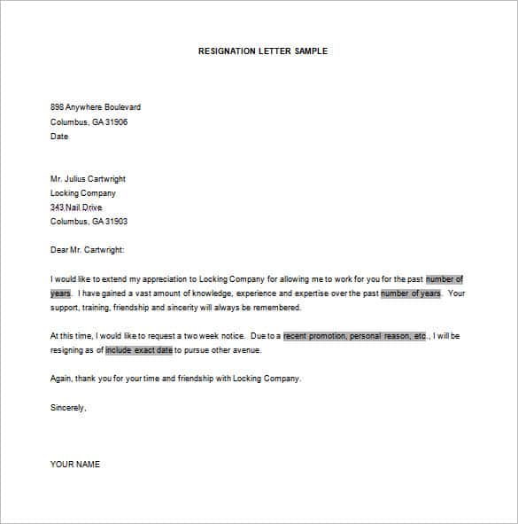 Word format of resignation letter