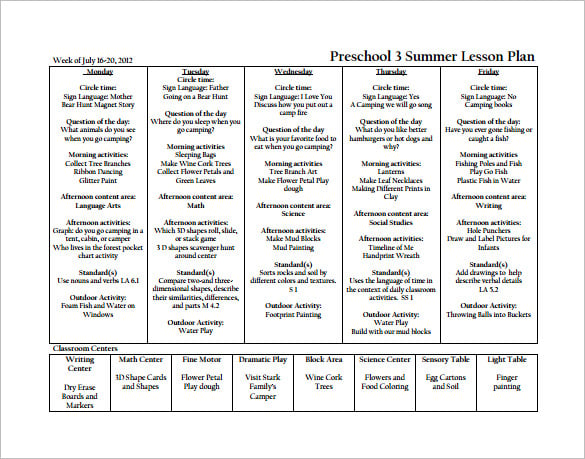 preschool summer lessonion plan free pdf download