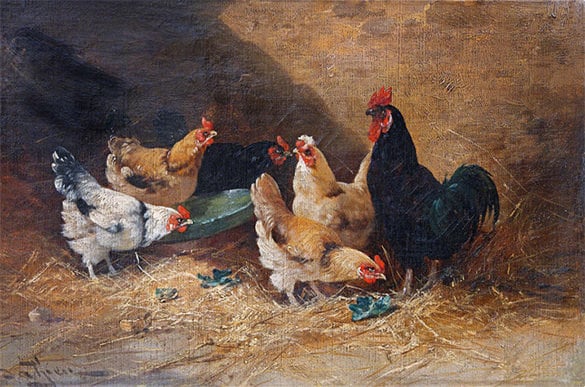 vintage roosters oil painting