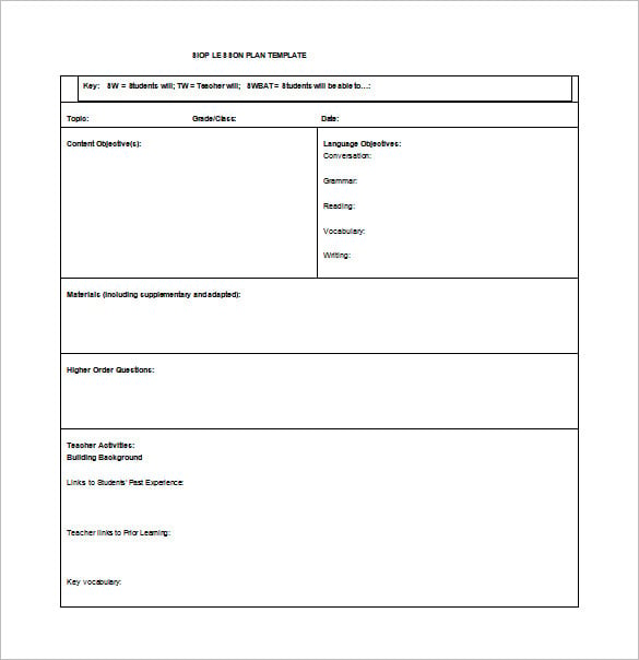 siop unit lesson plan template free word download