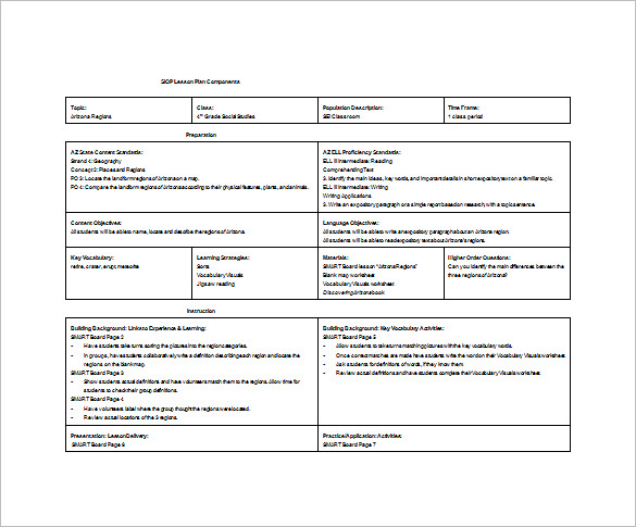 siop lesson plan components word free download