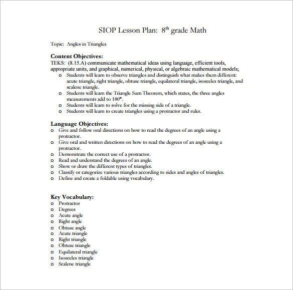 siop lesson plan math free pdf template download
