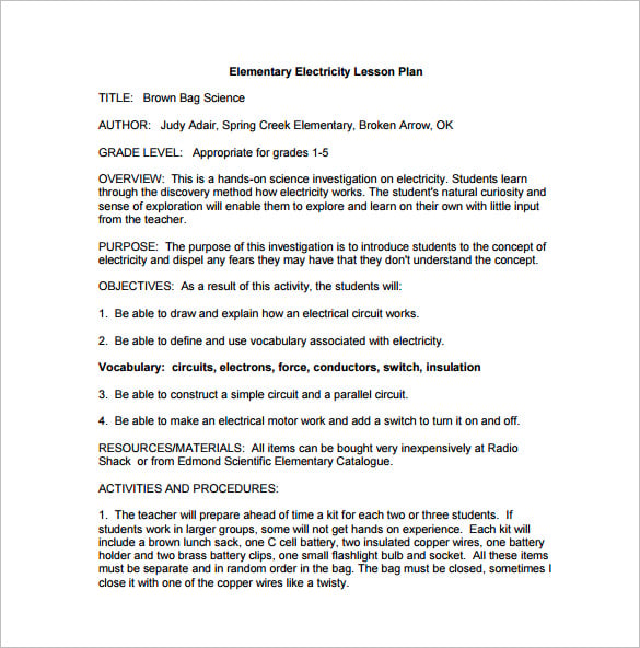 elementary electricity lesson plan free pdf download