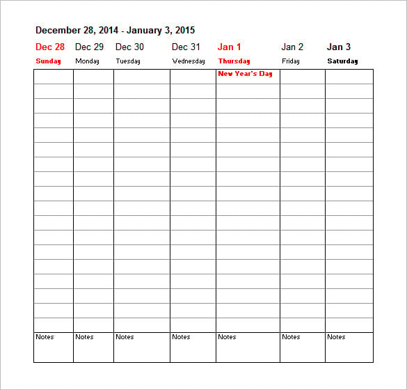download weekly calendar schedule template with note