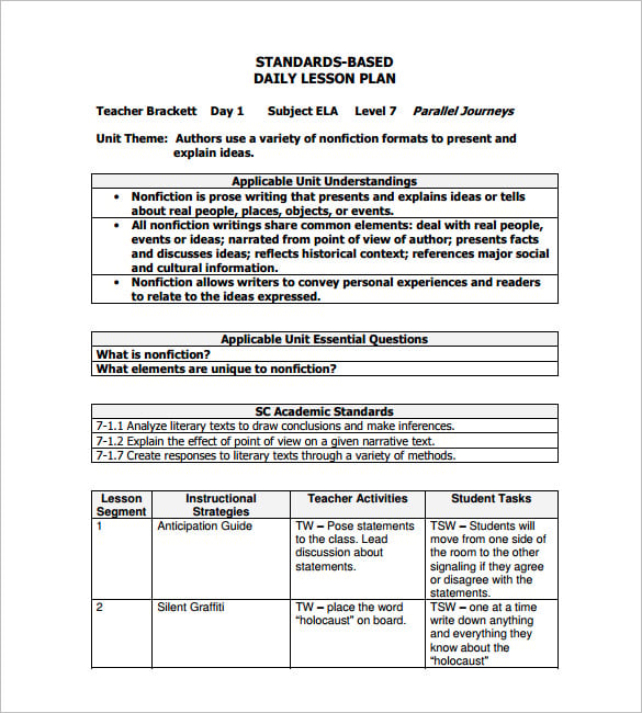 standards based daily lesson plan free pdf template