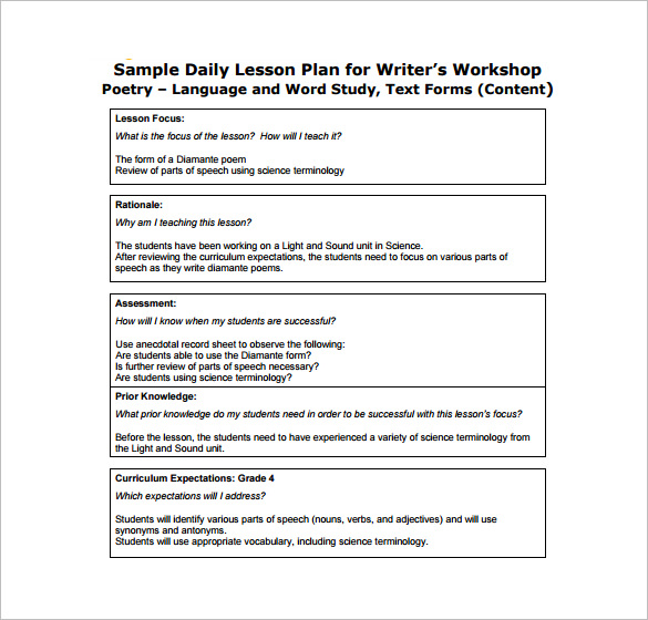 free daily lesson plan for writer%e2%80%99s pdf free template