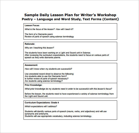 free daily lesson plan for writer’s pdf free template