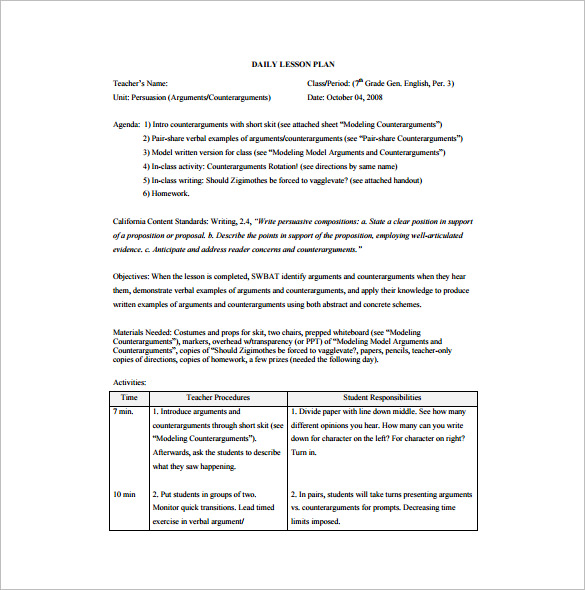 Teacher Daily Lesson Plan Template HQ Printable Documents