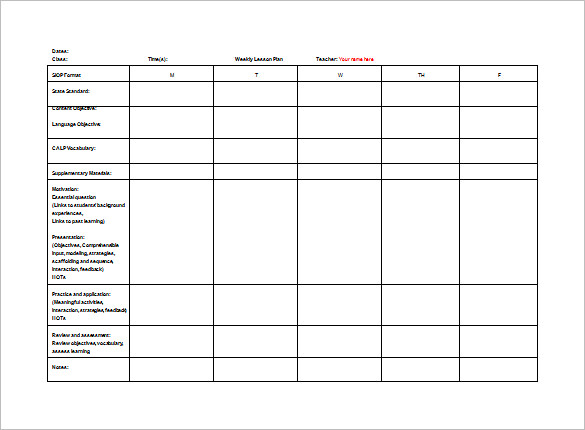 teacher weekly lesson plan free word template