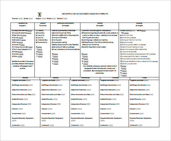 high school weekly lesson plan free word template