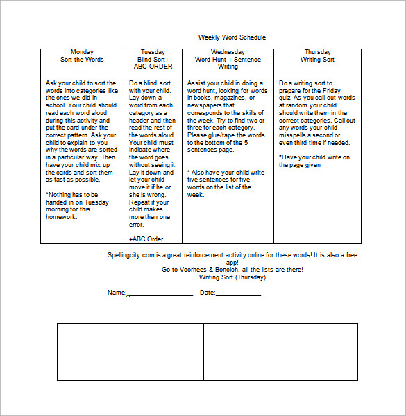 download printable weekly word schedule for kids