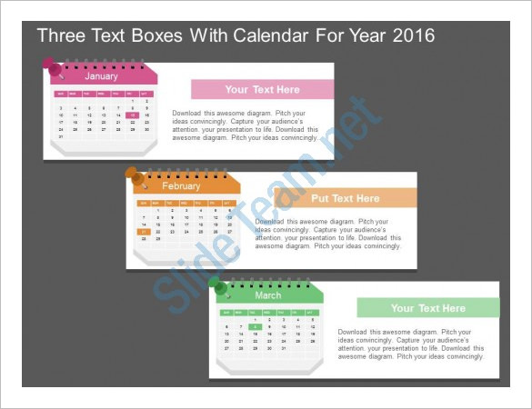 three text boxes with calendar schedule template powerpoint