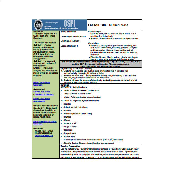 nutrient wise middle school lesson plan pdf free download