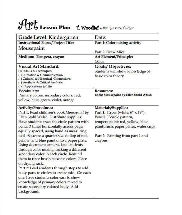 kindergarten art lesson plan free pdf template