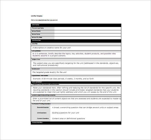 Unit Lesson Plan Template 8+ Free Sample, Example, Format Download