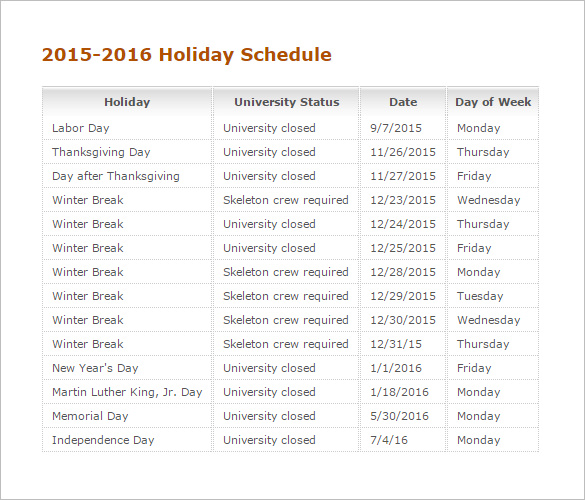 printable 2015 2016 holiday schedule