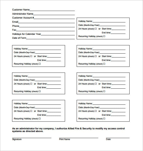 access control change holiday schedule form printable