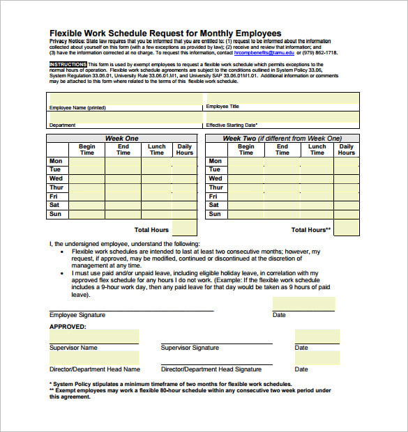 flexible work schedule request for monthly employees pdf