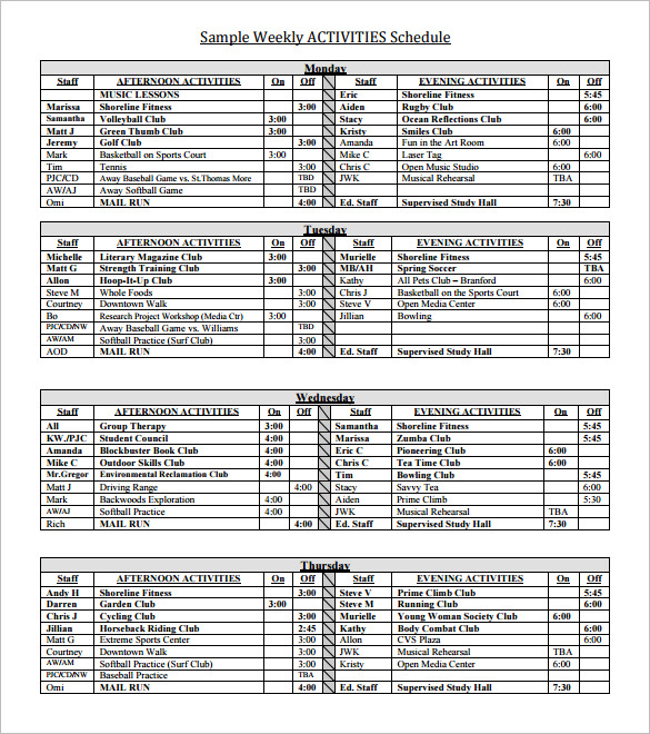 weekly activity schedule template pdf download