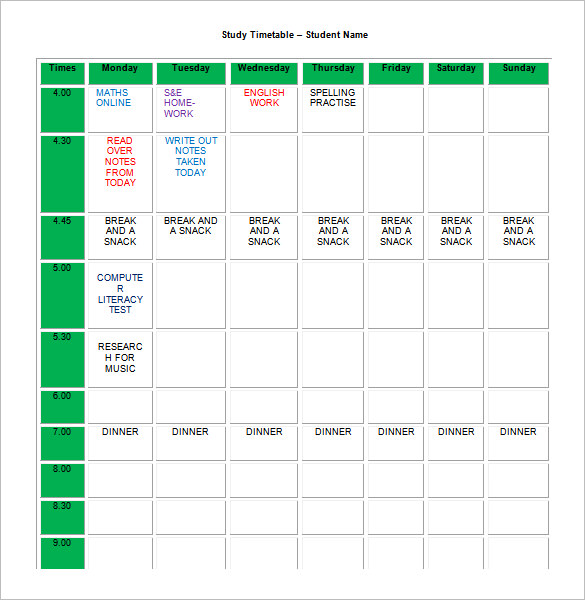 assignment timetable template