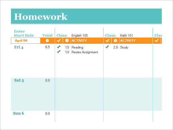 student homework schedule template excel online