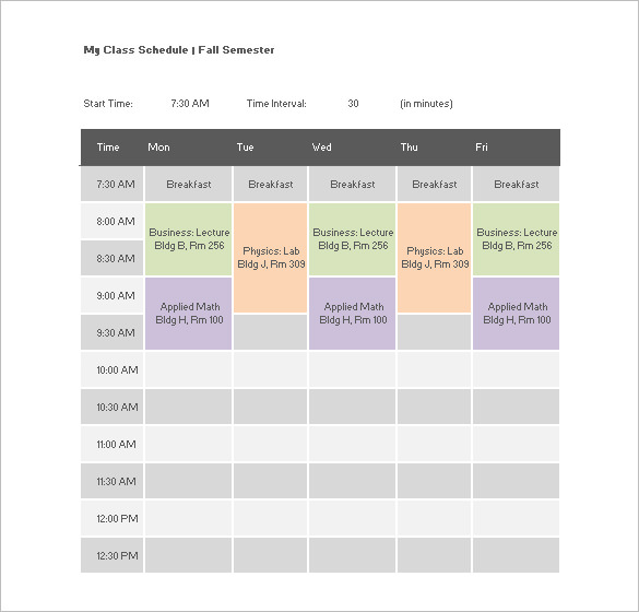 College Class Schedule Template 7 Free Word Excel PDF Format 