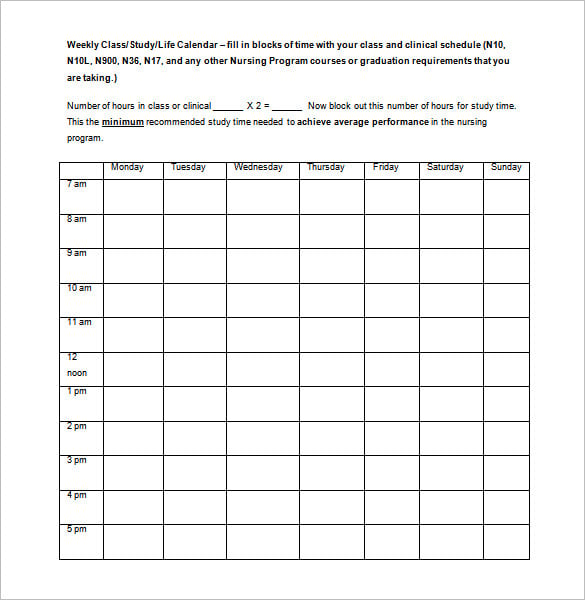 monthly nursing college class schedule template word format