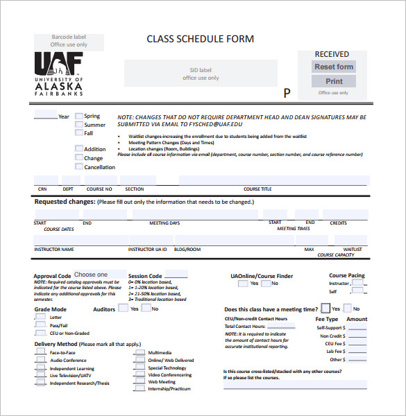 download printable class schedule form template pdf