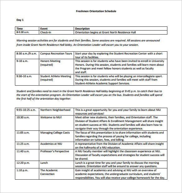 student orientation schedule template pdf download