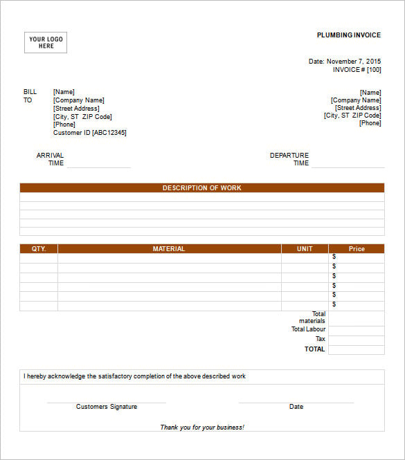 sample plumbing invoice template in blank format