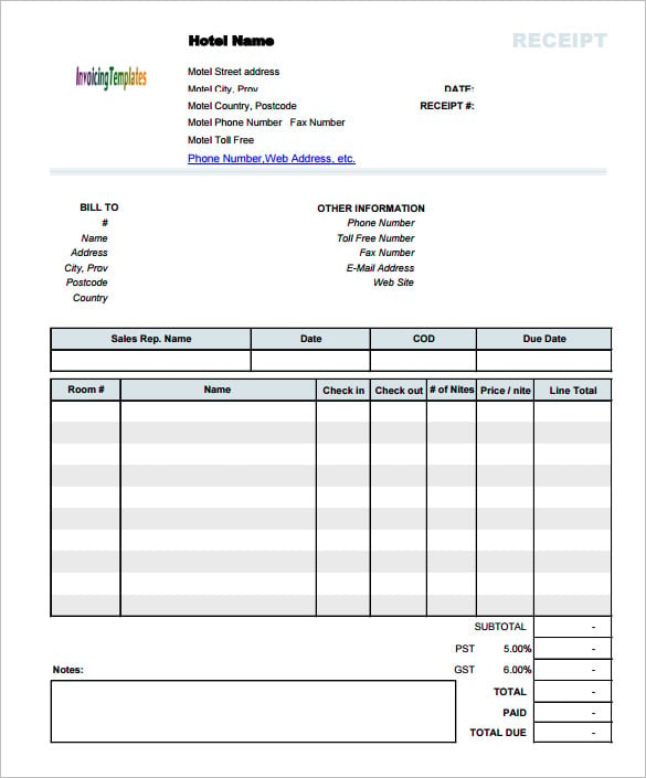 hotel invoice receipt template pdf document