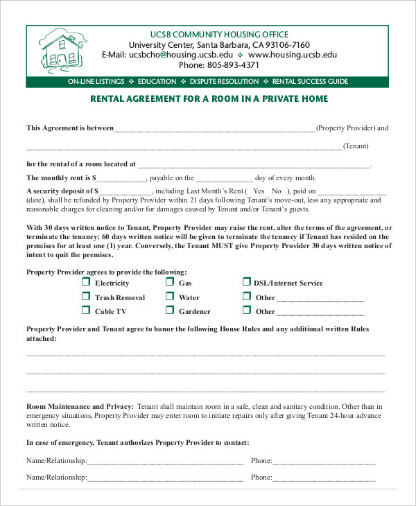 room rental lease agreement form