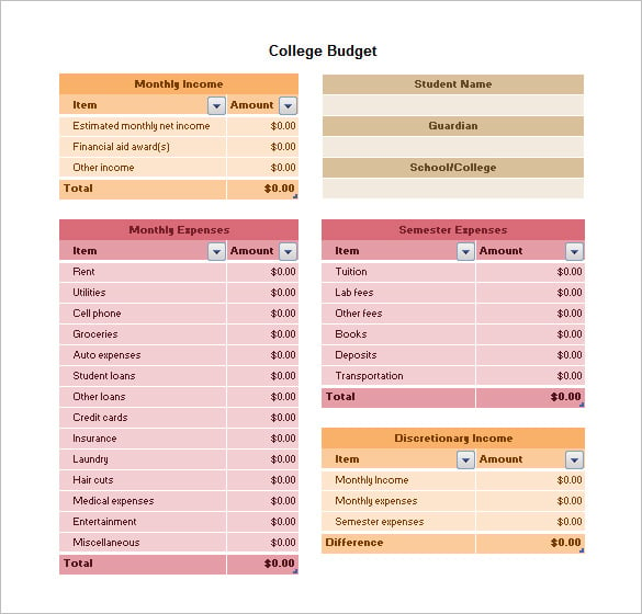 college budget template download excel example