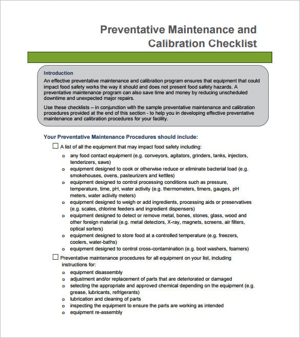 printable preventative maintenance and calibration checklist