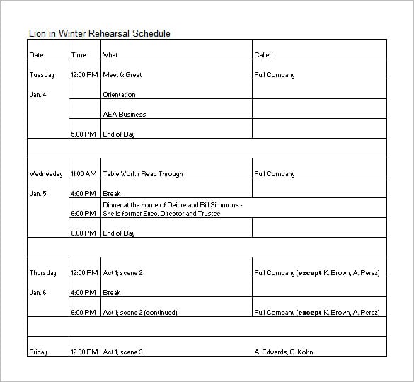 download lion in winter rehearsal schedule template excel format