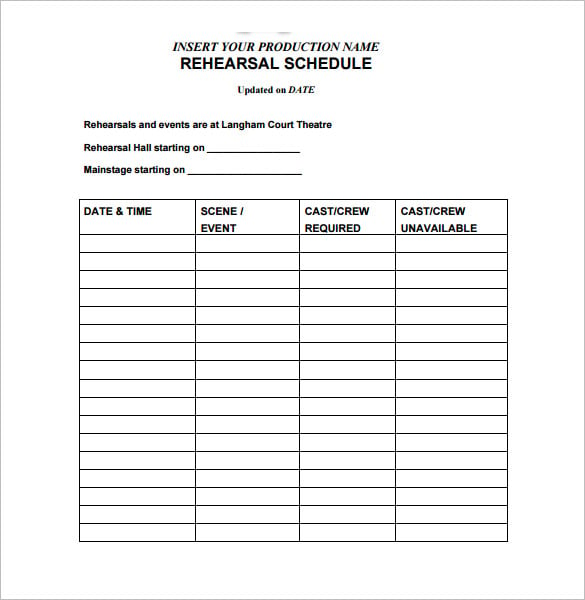 printable production rehearsal schedule template pdf