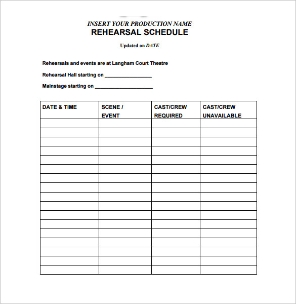 printable production rehearsal schedule template pdf