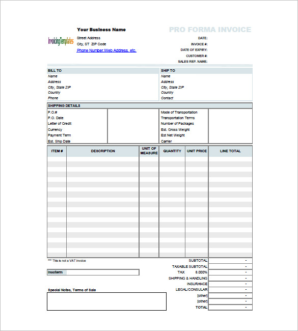 excel proforma invoice template