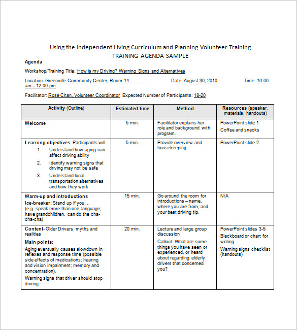 training agenda template in word