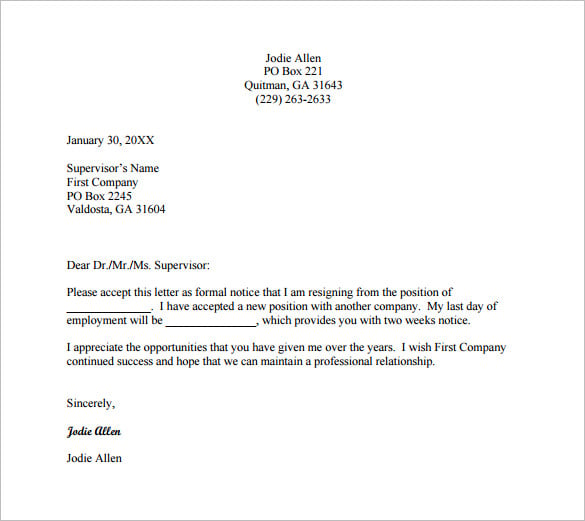 formal resignation letter example pdf free download