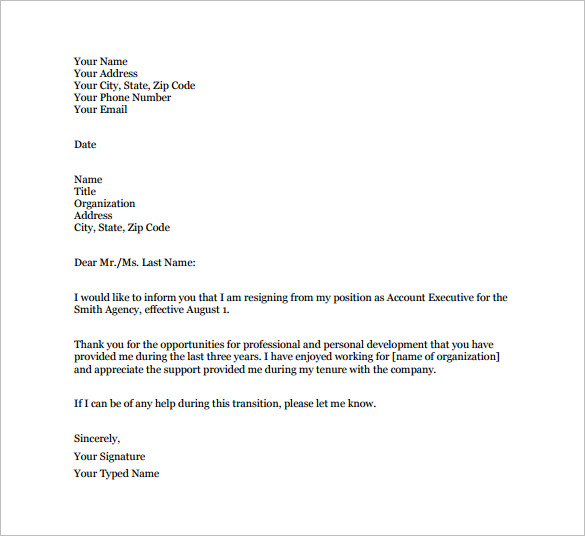 email resignation letter example pdf free download