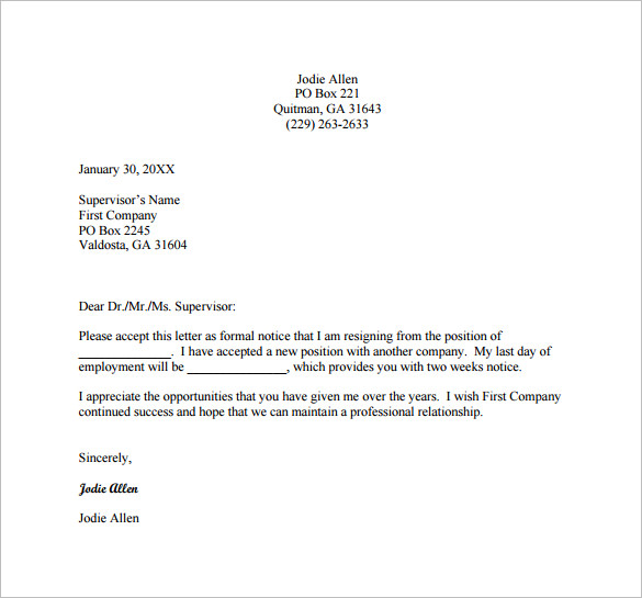 Simple Resignation Letter Sample