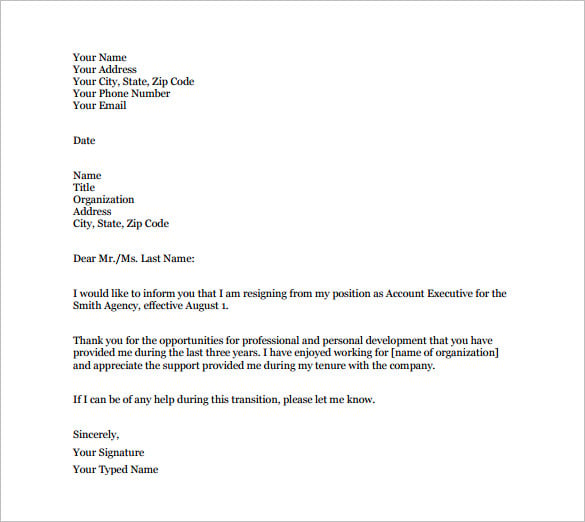 account executive formal resignation letter free pdf