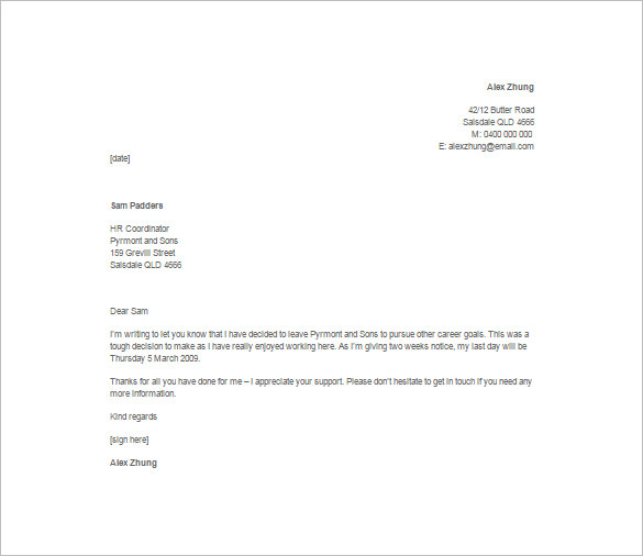 Resignation Letter For Leaving Job - Sample Resignation Letter