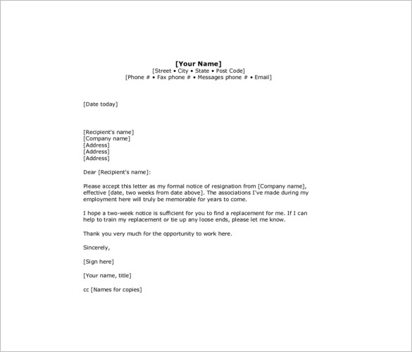 8+ Two Weeks Notice Resignation Letter Templates - PDF ...